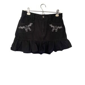 Romwe Fairycore Blk Denim Skirt Pleated Ruffle Hem Star Embroidery Womens Size L